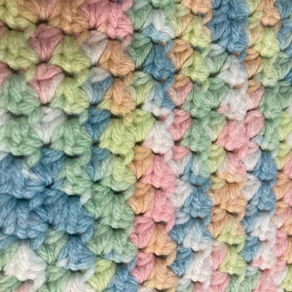 ARTISAN HANDCRAFTED Crochet Baby Blanket Blue Pink Yellow White 34X34 - Picture 2 of 4